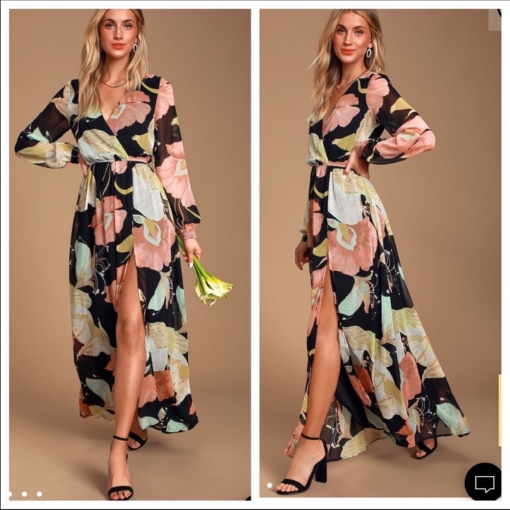 Lulu’s long sleeve/long black floral dress w/slit